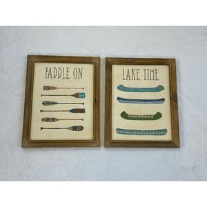 Wood Framed Canoe & Paddle Picture Set Decore, 13" X 16" Lakehouse, Cabincore